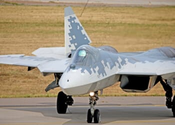 A Su-57 Felon performs a demonstration flight.
