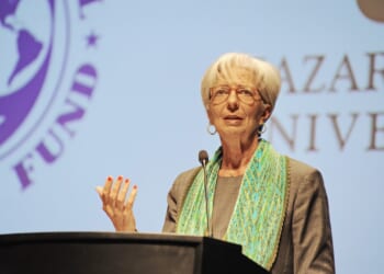 Almaty, Kazakhstan - 05.24.2016 : Christine Lagarde. The EU head of the European Central Bank. Speech to the students of the Nazarbayev University.