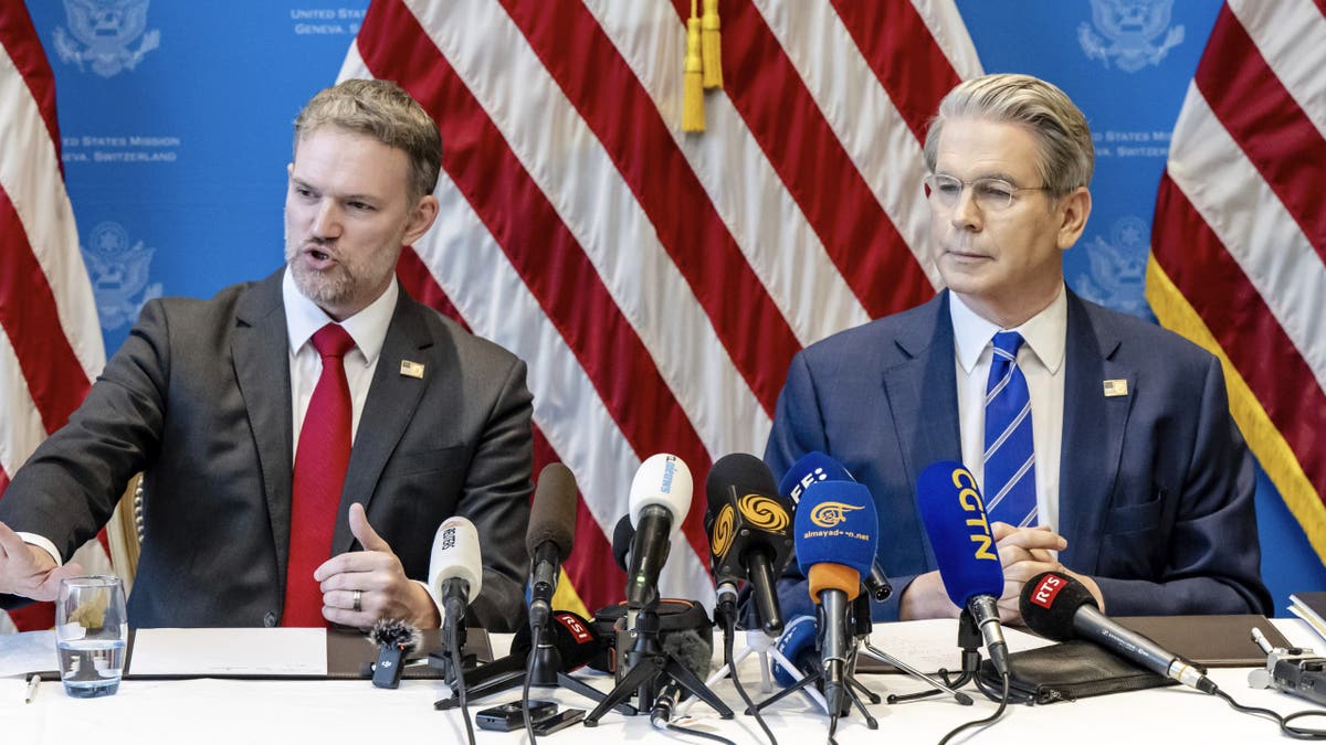 U.S. Trade Representative Jamieson Greer, left, and Secretary of the Treasury Scott Bessent take part in a press conference after two days of closed-door discussions on trade between the United States and China, in Geneva, Switzerland, on Monday, May 12, 2025.