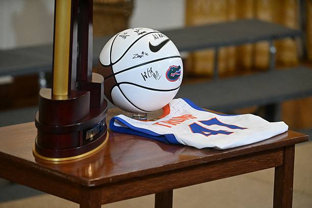 Signed basketball is seen before the start of an event with US President Donald Trump welcoming the 2025 NCAA Basketball champions Florida Gators to...