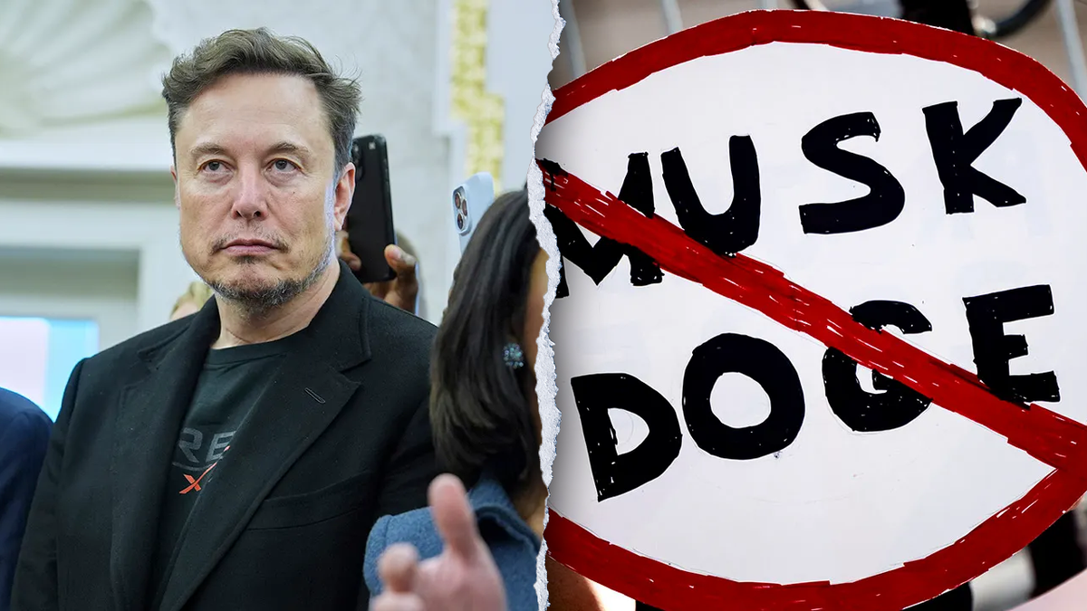 Musk, left; anti-DOGE sign, right