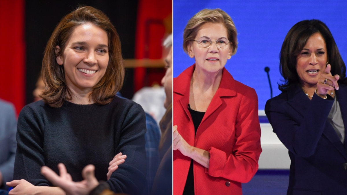Rebecca Bennett, left; Liz Warren with Kamala Harris, right