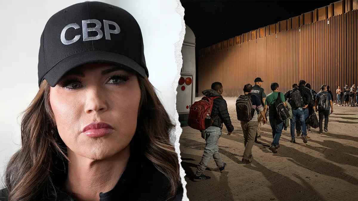 Kristi Noem, left; southern border, right