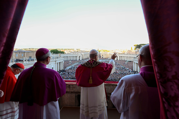 Pope Leo XIV addresses the crowd overlooking St Peter's Square