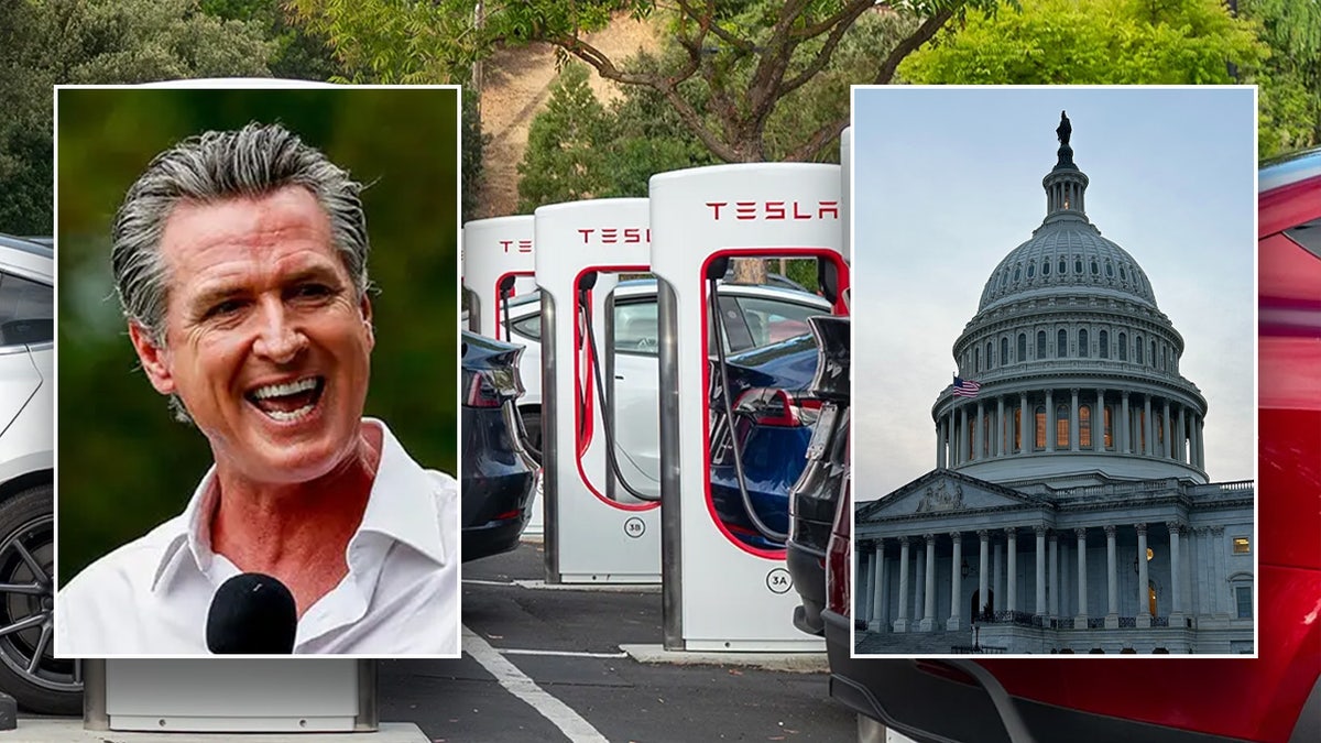 Gavin Newsom, left inset; Tesla chargers main photo, US Capitol right inset