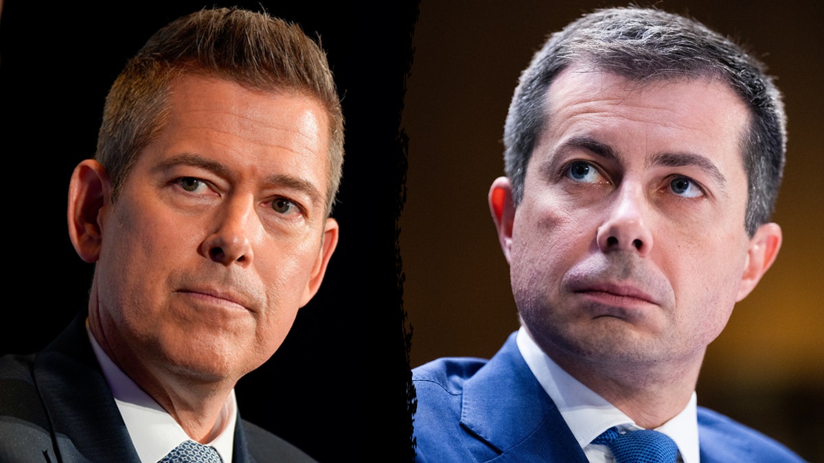 Left: Transportation Sec. Sean Duffy; Right: Then-Transporation Sec. Pete Buttigieg in 2024
