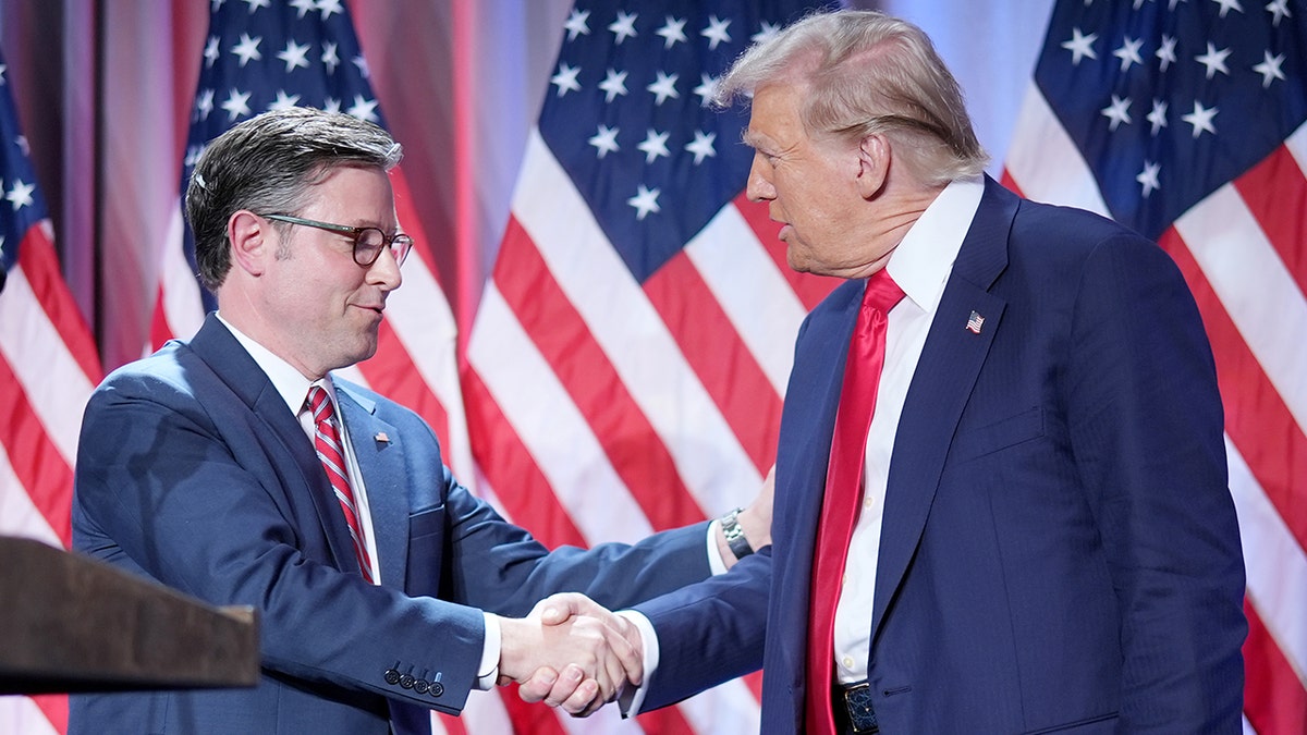 Speaker Johnson shaking hands with President Trump