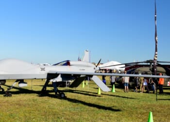 An editorial photo of an Unmanned Aerial Vehicle created at the Fun N' Sun Fly-in in Lakeland, Florida USA on April 12, 2024.