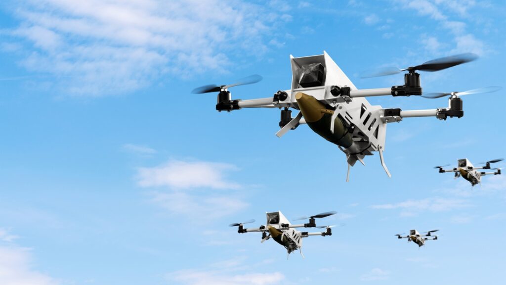 A swarm of small drones with bombs attached.
