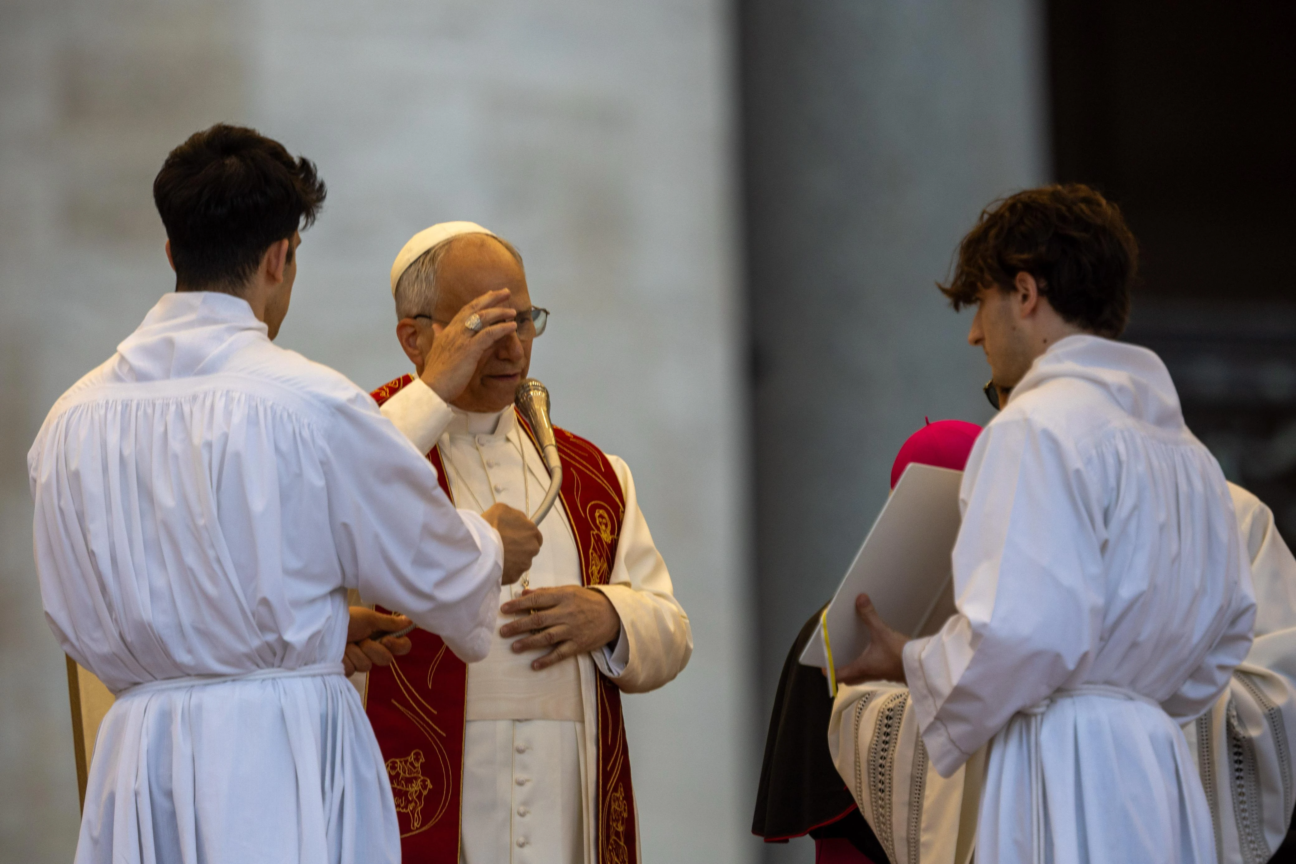 Pope Leo XIV leads a blessing at a Pentecost prayer vigil in St. Peter's Square, Saturday, June 7, 2025. Credit: Daniel Ibáñez/CNA