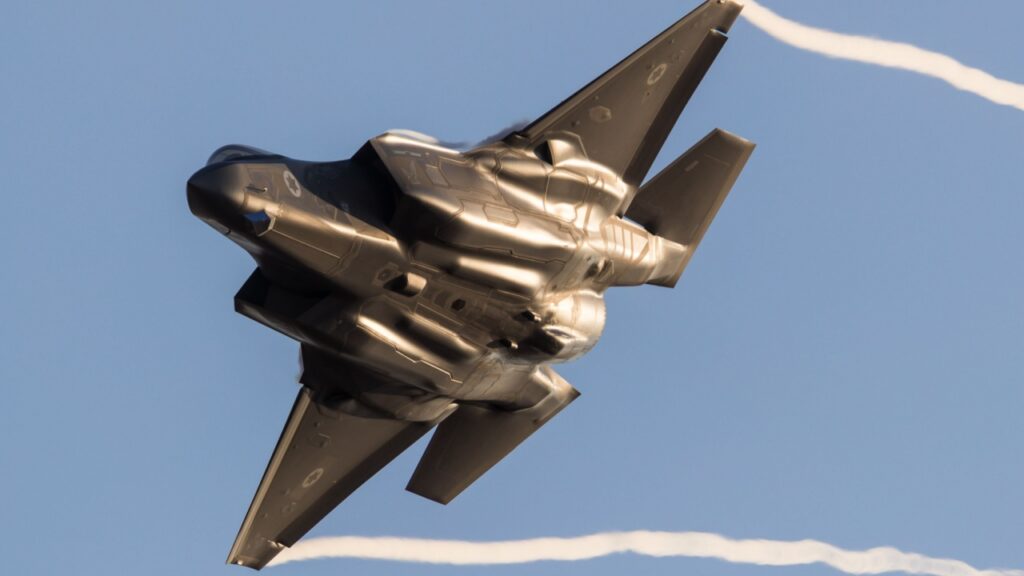 Israeli IDF jet fighter streaming through the sky.