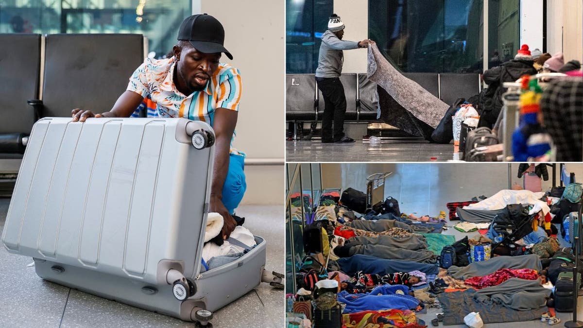 Migrants at Logan Airport packing up suitcase and sleeping split image