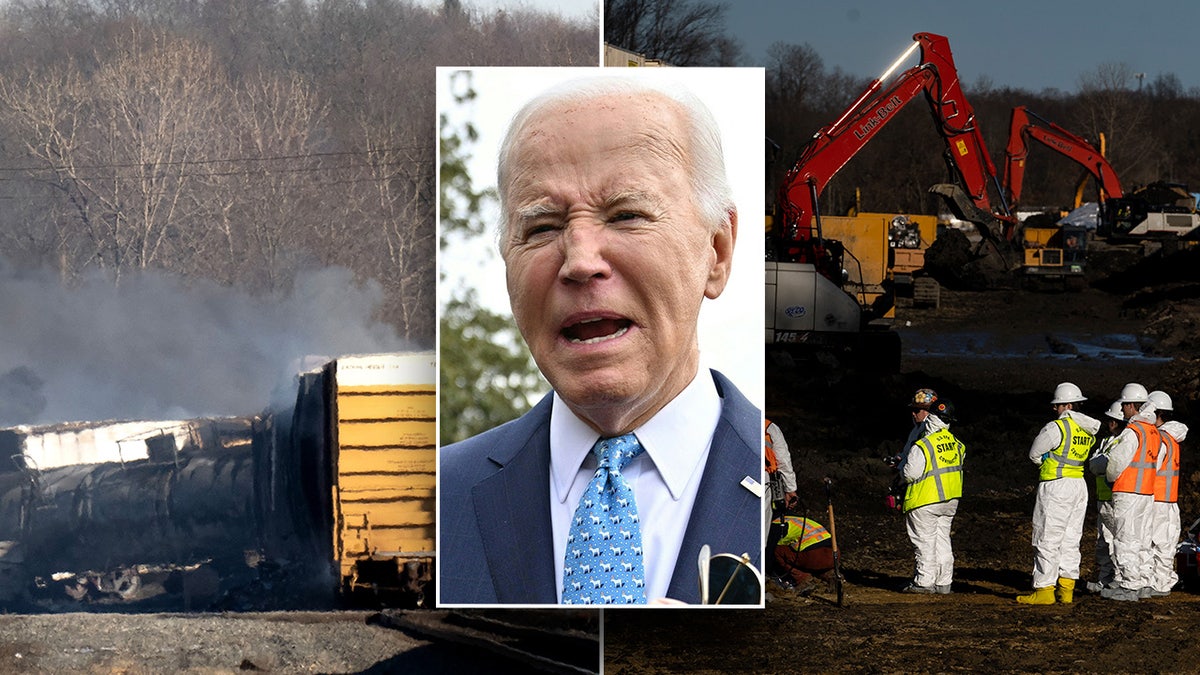 derailment and cleanup left and right; Biden inset center