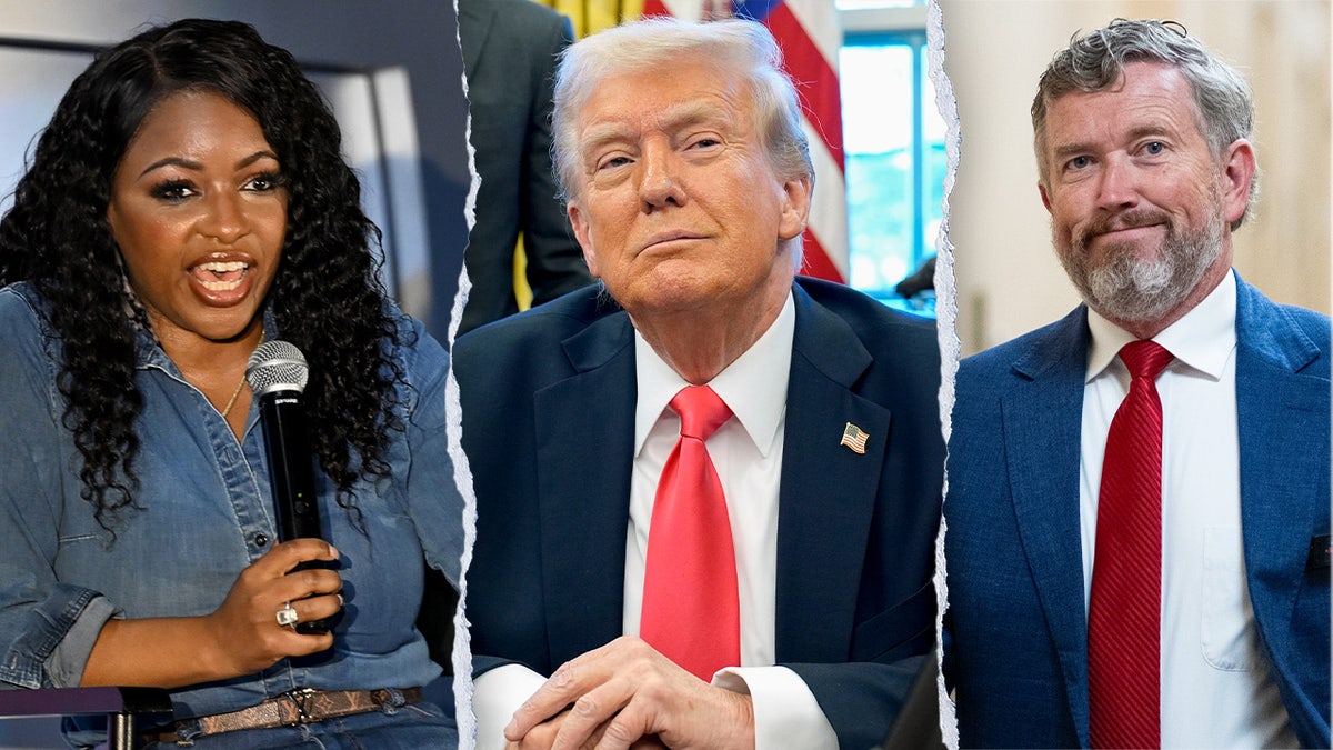 Jasmine Crockett, left; Trump center; Thomas Massie at right