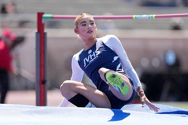 Transgender athlete AB Hernandez of Jurupa Valley reacts after a clearance in the girls high jump during the CIF State Track and Field Championships...