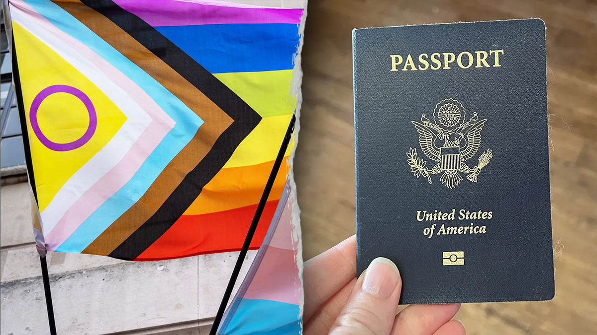 A pride flag in a split image with a U.S. passport