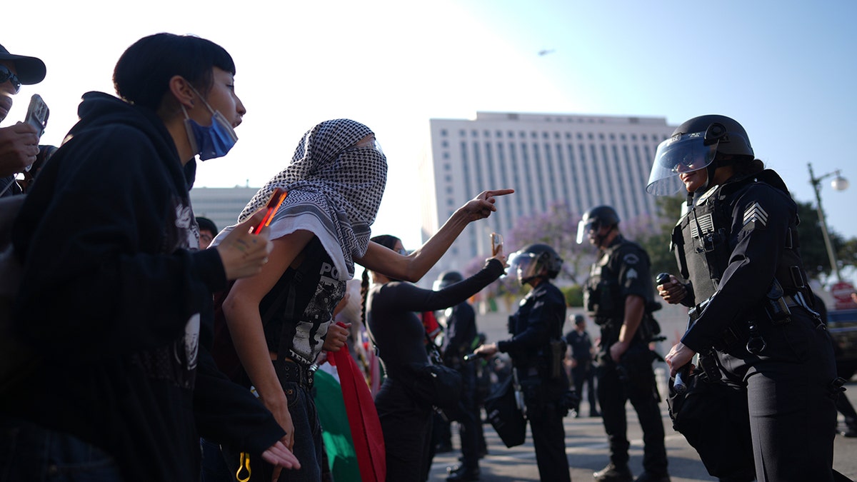 protesters and police facing off