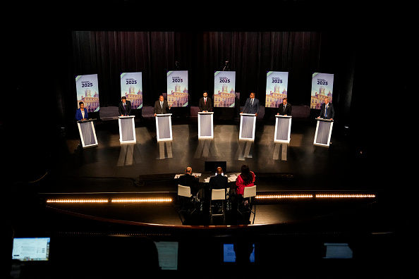 City Council Speaker Adrienne Adams, former Gov. Andrew Cuomo, city Comptroller Brad Lander, state Assemblymember Zohran Mamdani, state Sen. Zellnor Myrie, former city Comptroller Scott Stringer and former hedge fund manager Whitney Tilson participate in the New York City Democratic Mayoral Primary Debate