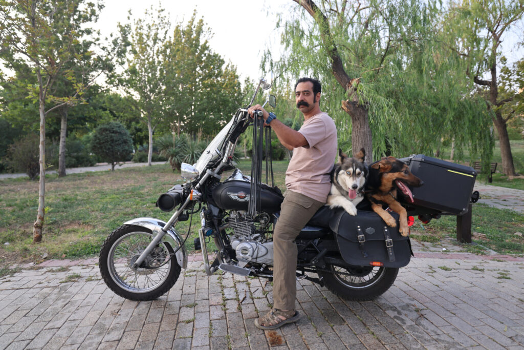 An Iranian arrives with his dogs on the back of his motorcycle in a park in Tehran on June 8, 2025. Iranian authorities have expanded a ban on walking dogs in public to multiple cities nationwide, citing public health, social order and safety concerns, domestic media reported on June 8. Owning and walking dogs has been a contentious topic since the 1979 Islamic revolution in Iran, though there is no law outrightly banning dog ownership. (Photo by ATTA KENARE / AFP) (Photo by ATTA KENARE/AFP via Getty Images)