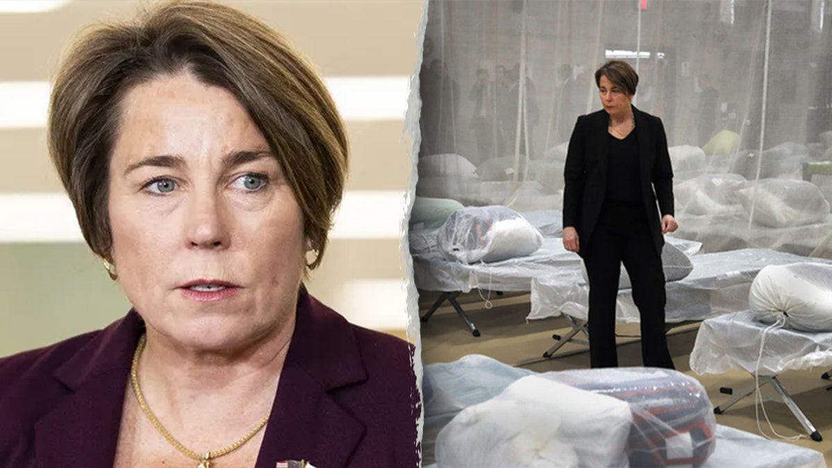 Maura Healy wearing a purple blazer and Gov. Maura Healy at a migrant facility split image