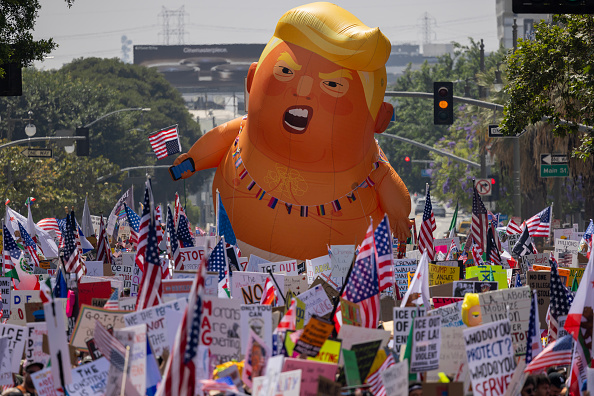 People march during a ''No Kings'' protest in Los Angeles, California.