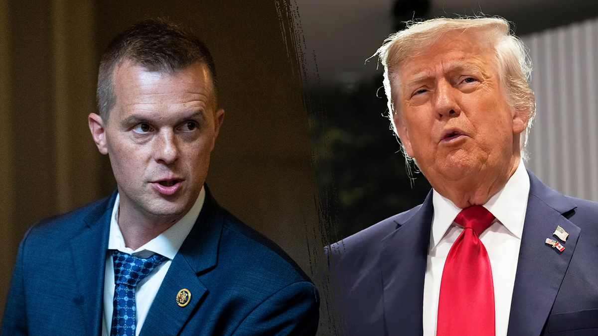 Jared Golden talks and Donald Trump wears a red tie in a split image