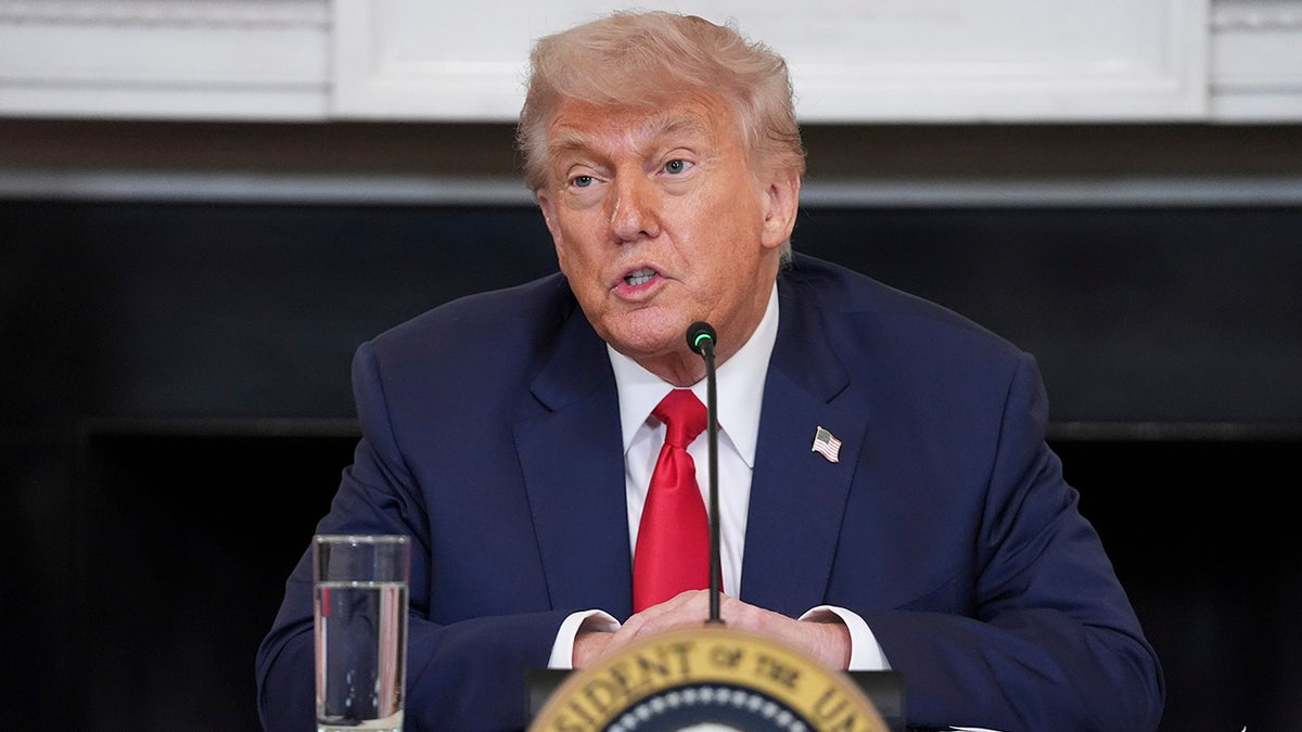 Trump in red tie, seated with microphone