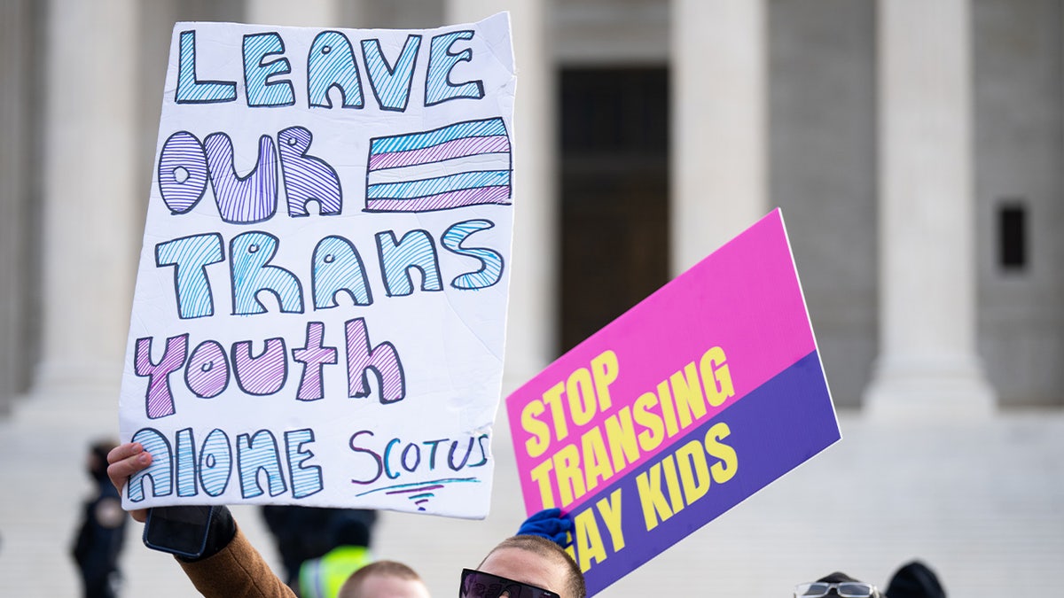 Protesters outside the U.S. Supreme Court support transgender rights