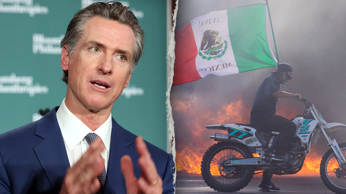 California Gov. Gavin Newsom is pictured on the left, with a scene from the Los Angeles riots on the right