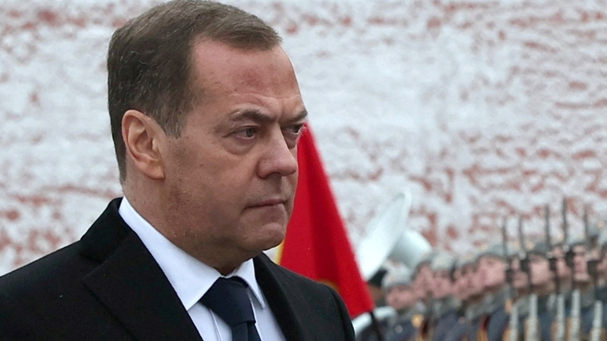 Russia's Dmitry Medvedev takes part in a wreath-laying ceremony marking Defender of the Fatherland Day at the Tomb of the Unknown Soldier by the Kremlin Wall in Moscow, Russia, February 23, 2024.