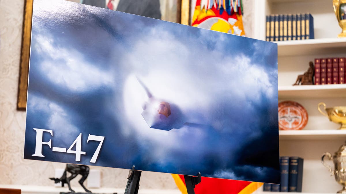 The F-47 6th generation fighter jet in the Oval Office of the White House on Friday March 21, 2025. US Secretary of Defense Pete Hegseth and General David Allvin attended the meeting. 