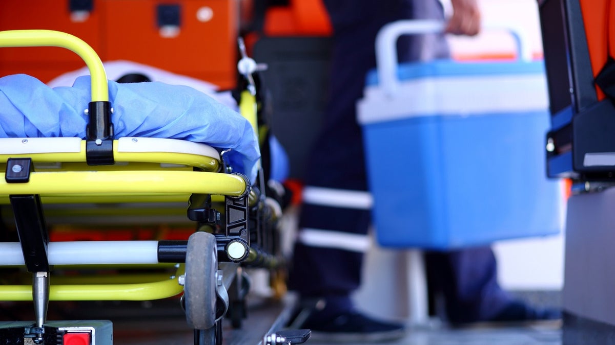cooler with organ inside in ambulance next to gurney
