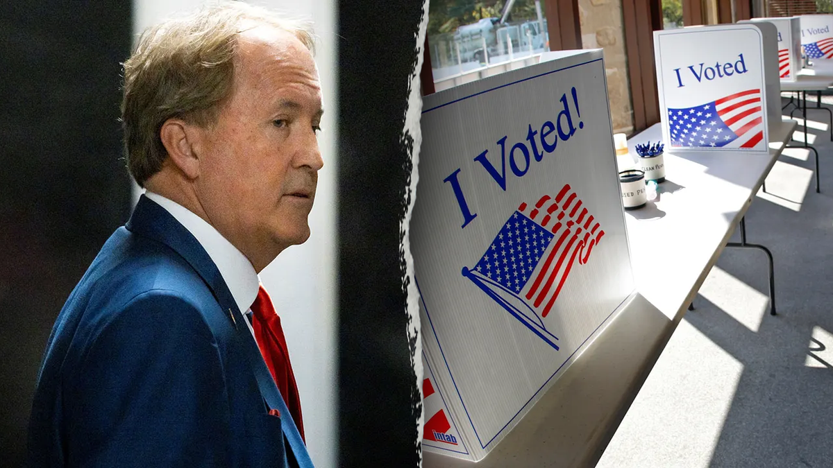 Texas AG Ken Paxton, left; right: voting carrels at polling place