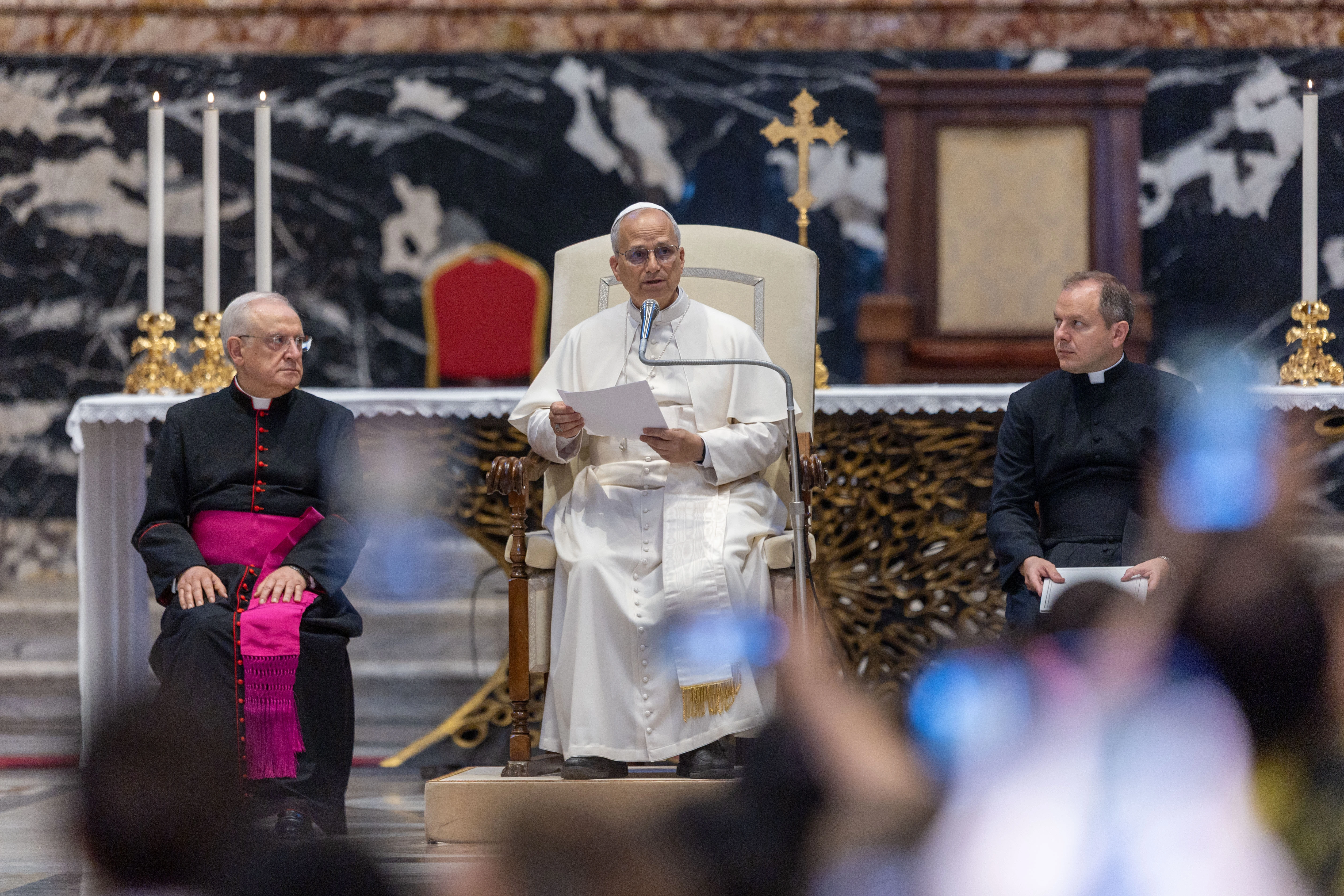 Pope Leo XIV addresses participants after the Mass for the Jubilee of Digital Missionaries and Catholic Influencers on July 29, 2025, in St. Peter’s Basilica at the Vatican. Credit: Daniel Ibañez/CNA