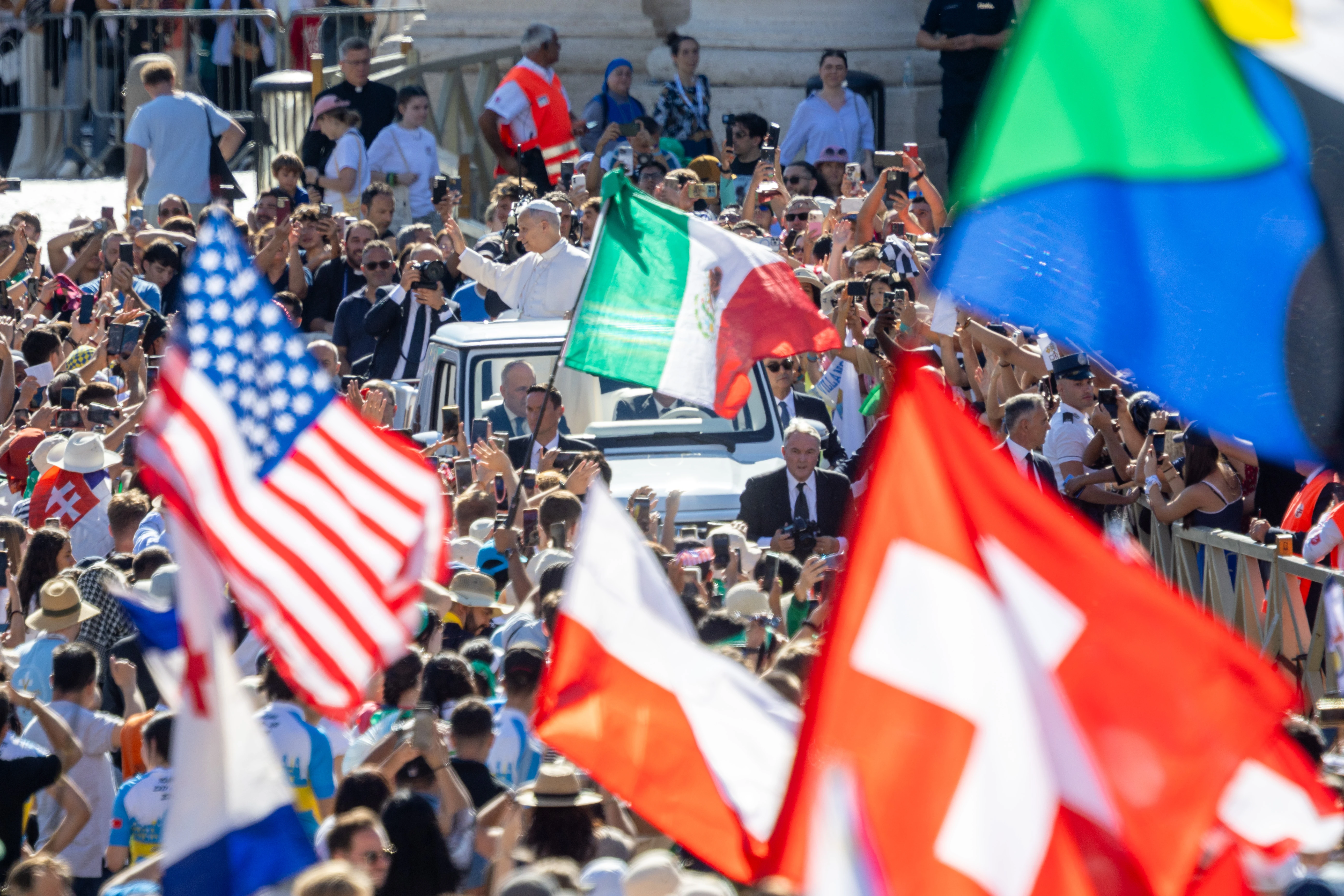 Pope Leo XIV waves to pilgrims from the popemobile during his general audience on July 30, 2025, in St. Peter’s Square at the Vatican. Credit: Daniel Ibañez/CNA