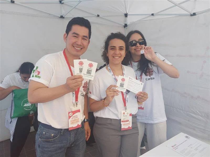 Caritas Asia delegate Sam Ratha Lay (left) and Caritas Egypt youth delegate Engy Zaher (center). Credit: Kristina Millare/CNA