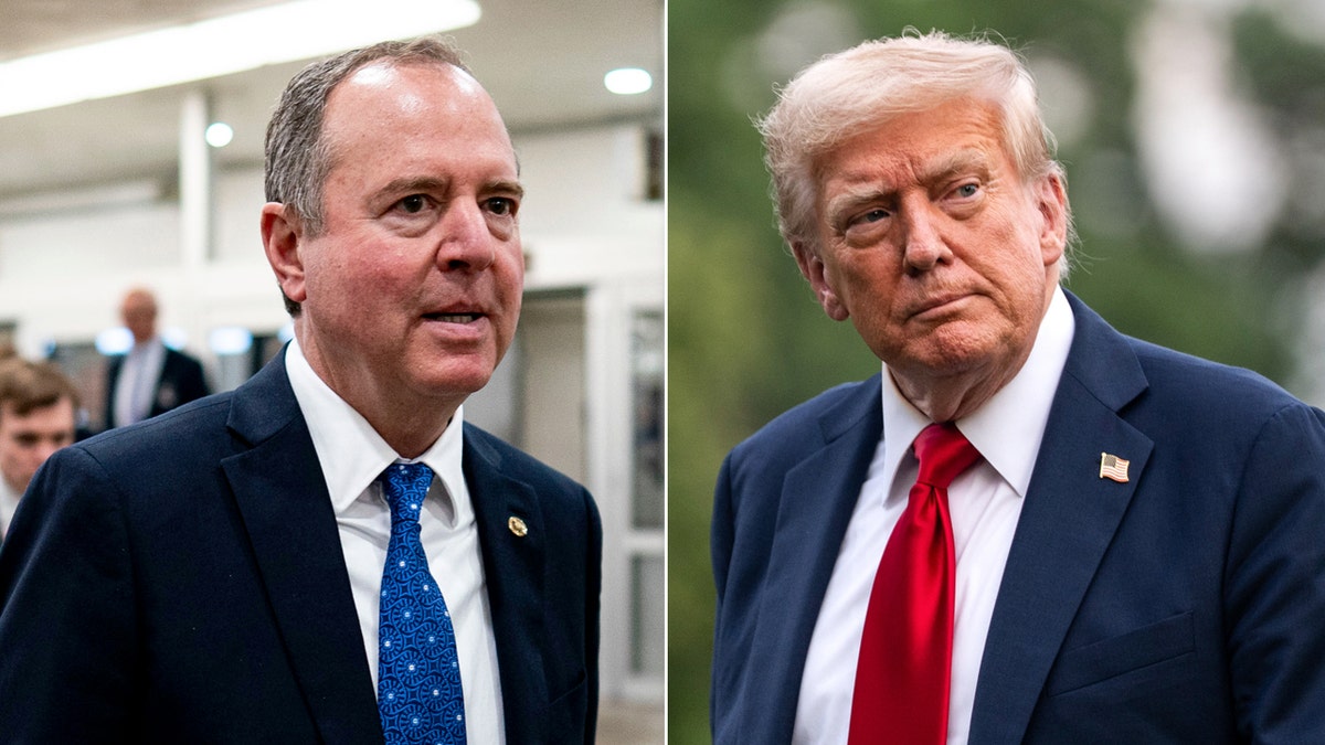 Adam Schiff in a blue suit, Donald Trump looks to the right in photo split
