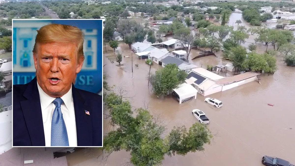 Trump next to an image of the catastrophic flooding in Texas during July 4th holiday.