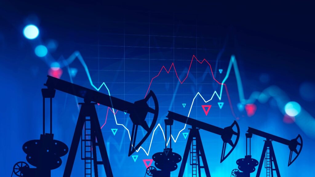 Oil pump jacks overlaid with financial market data, symbolizing the role of oil production and market dynamics in US energy security.