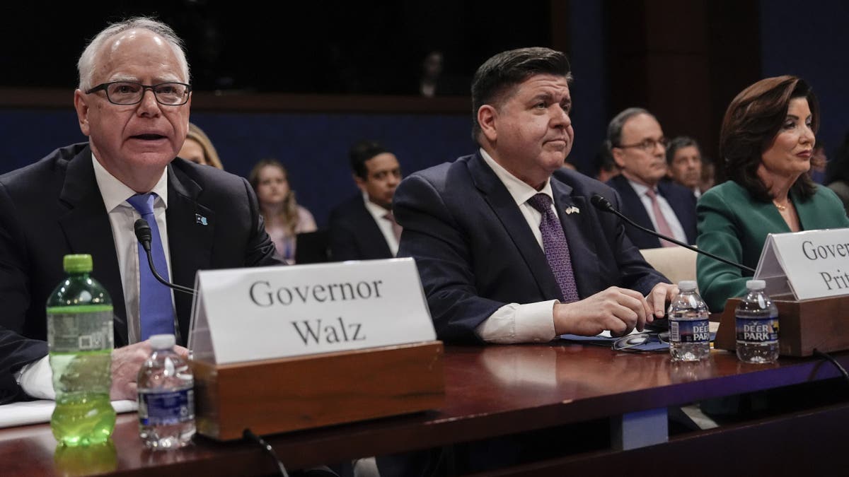 Gov. Tim Walz testifying, Govs. Pritzker and Hochul to his left