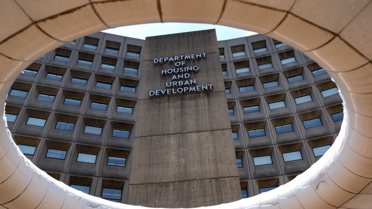 HUD building sign seen from ground up