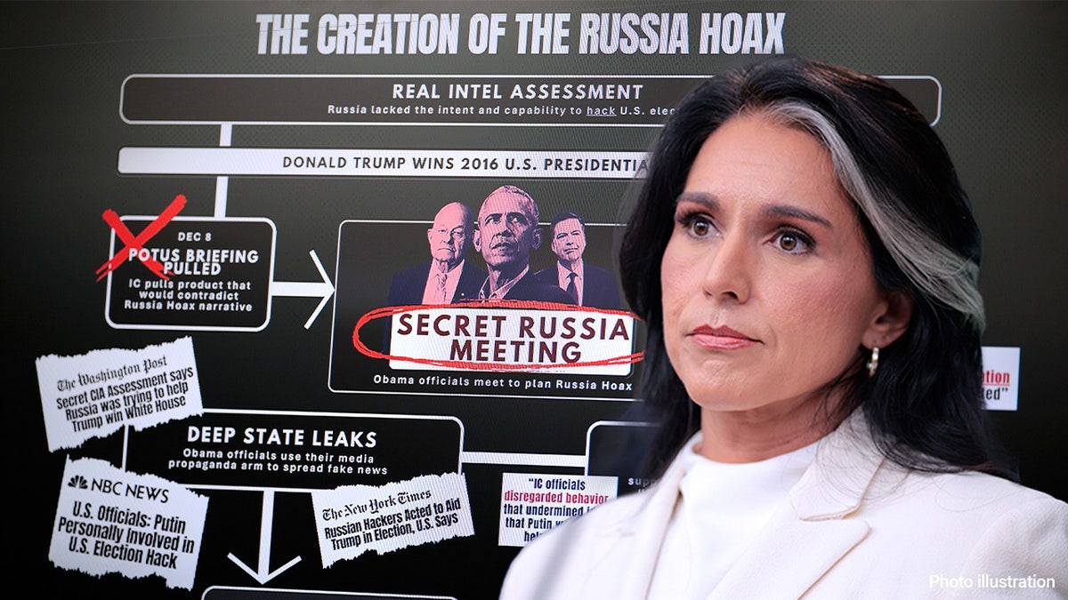 DNI Tulsi Gabbard closeup, "the creation of the russia hoax" display behind her