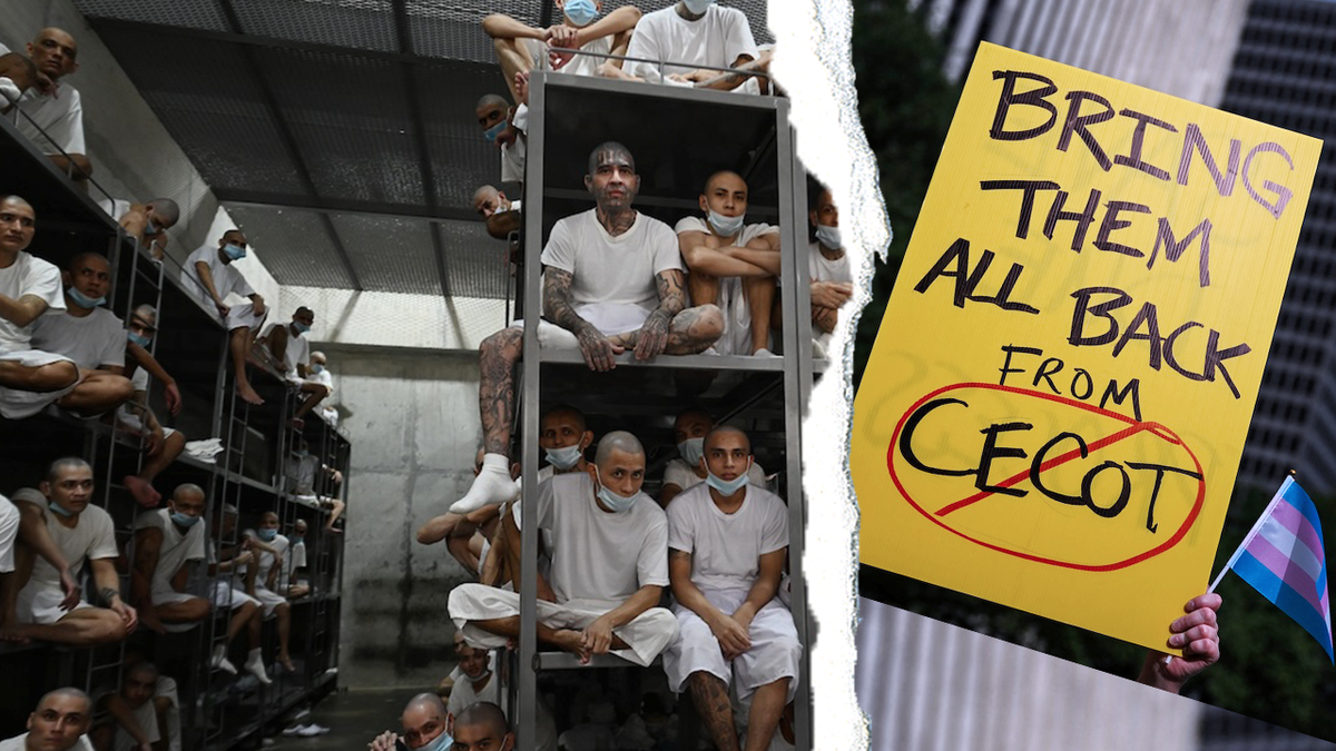 Inmates in white uniforms crowd metal bunk beds inside El Salvador’s CECOT mega-prison; inset shows protest sign reading