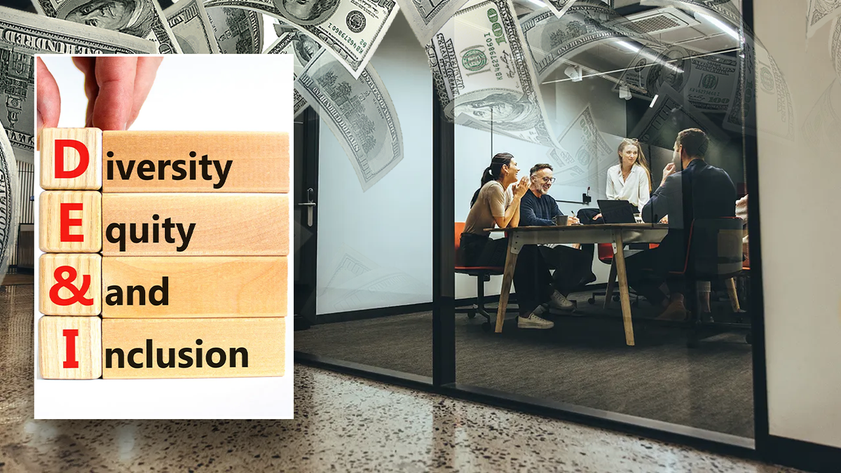 DEI graphic with falling cash and people around table in meeting