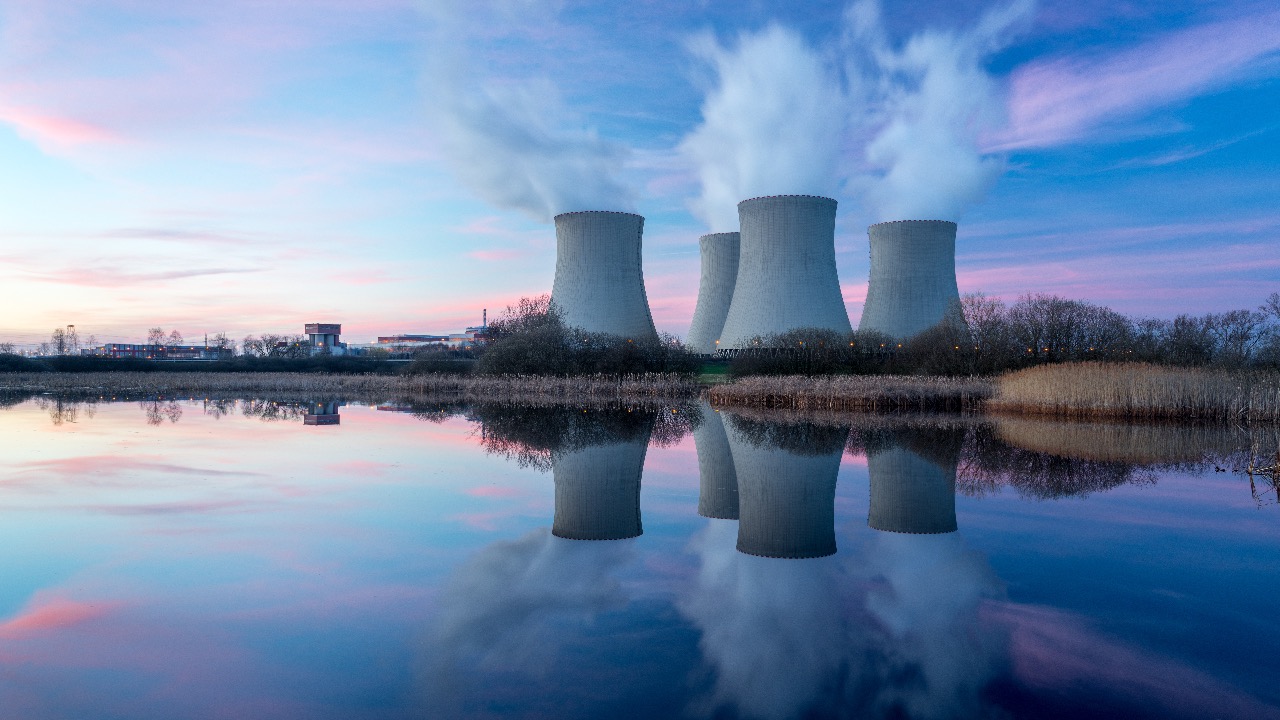 Nuclear power plant after sunset