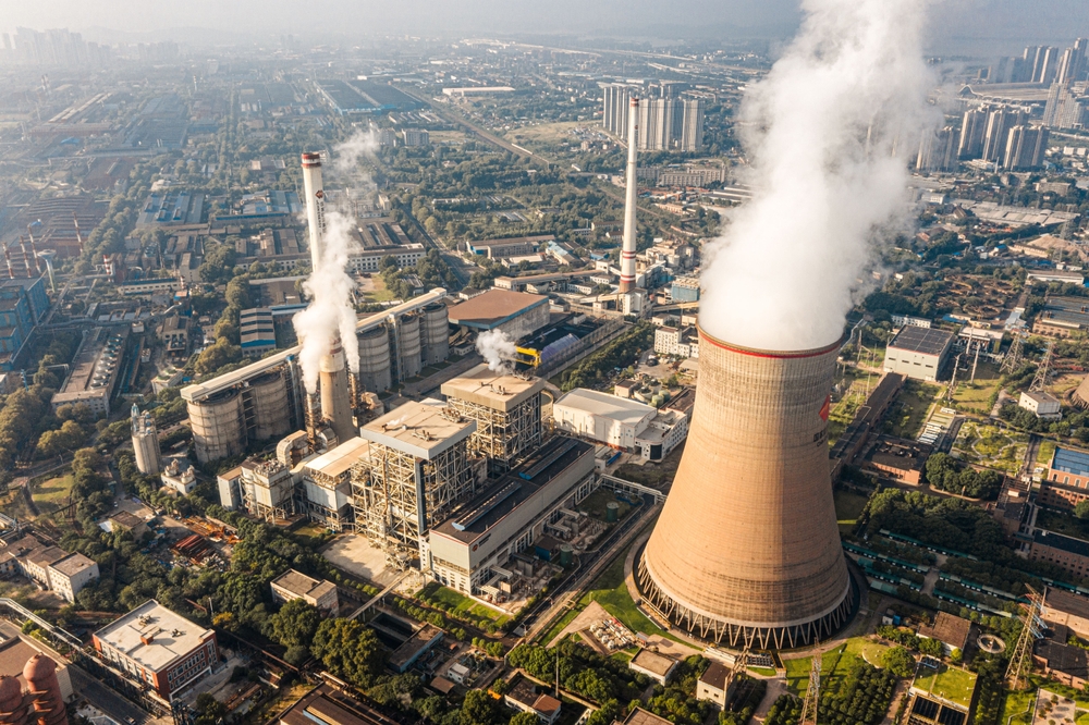 An aerial view of a cooling tower of a nuclear energy power plant in Wuhan, China