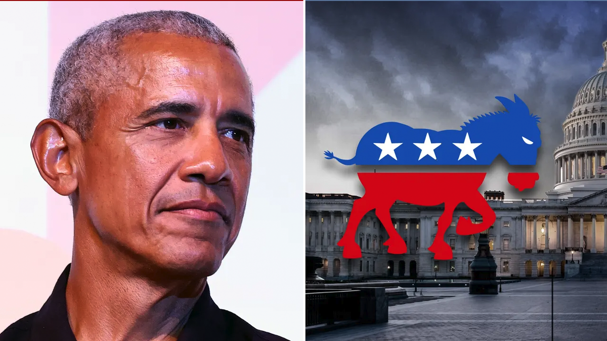 Obama at left; US Capitol with Democratic donkey logo, right