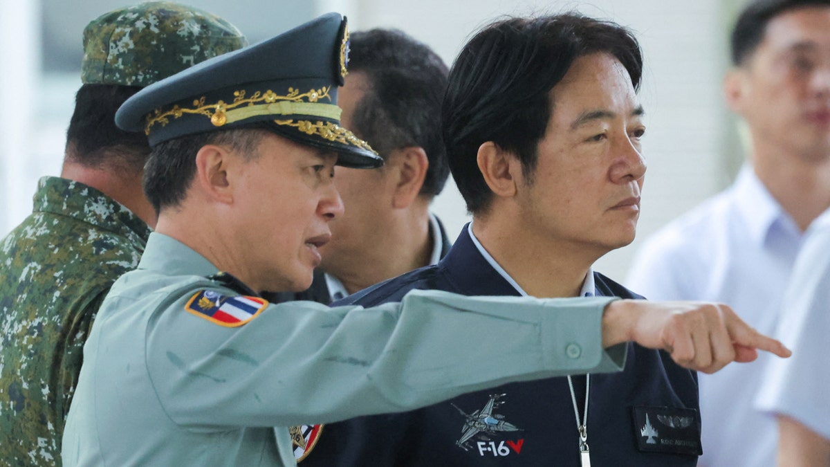 Taiwan's President Lai Ching-te in closeup with military officers
