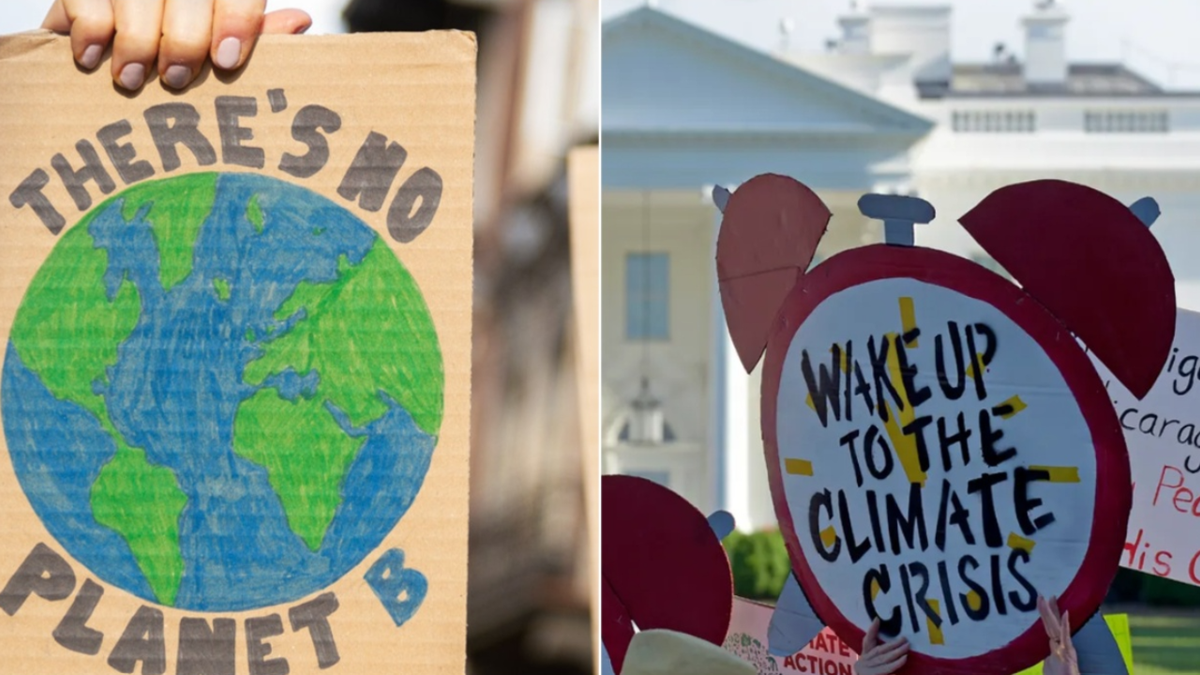 Protest signs advocate for action on climate change