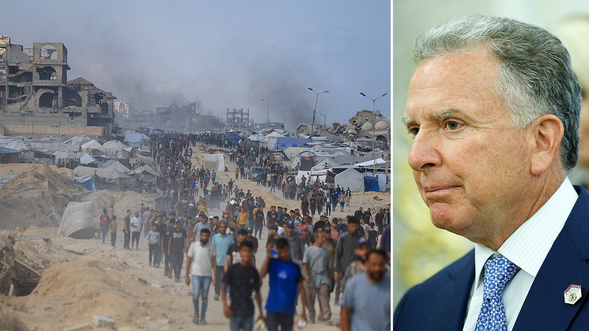 Steve Witkoff, right; Gaza civilians amid smoke, left